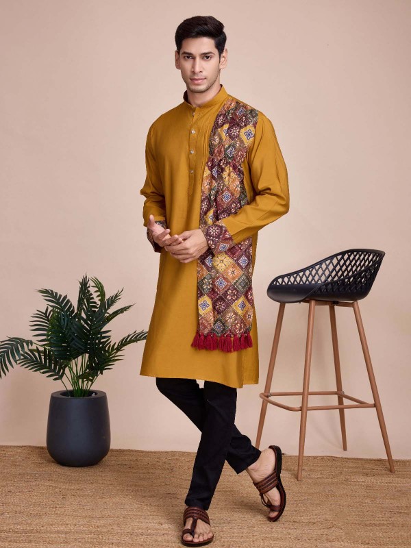 Mustard Silk Readymade Kurta With Stole